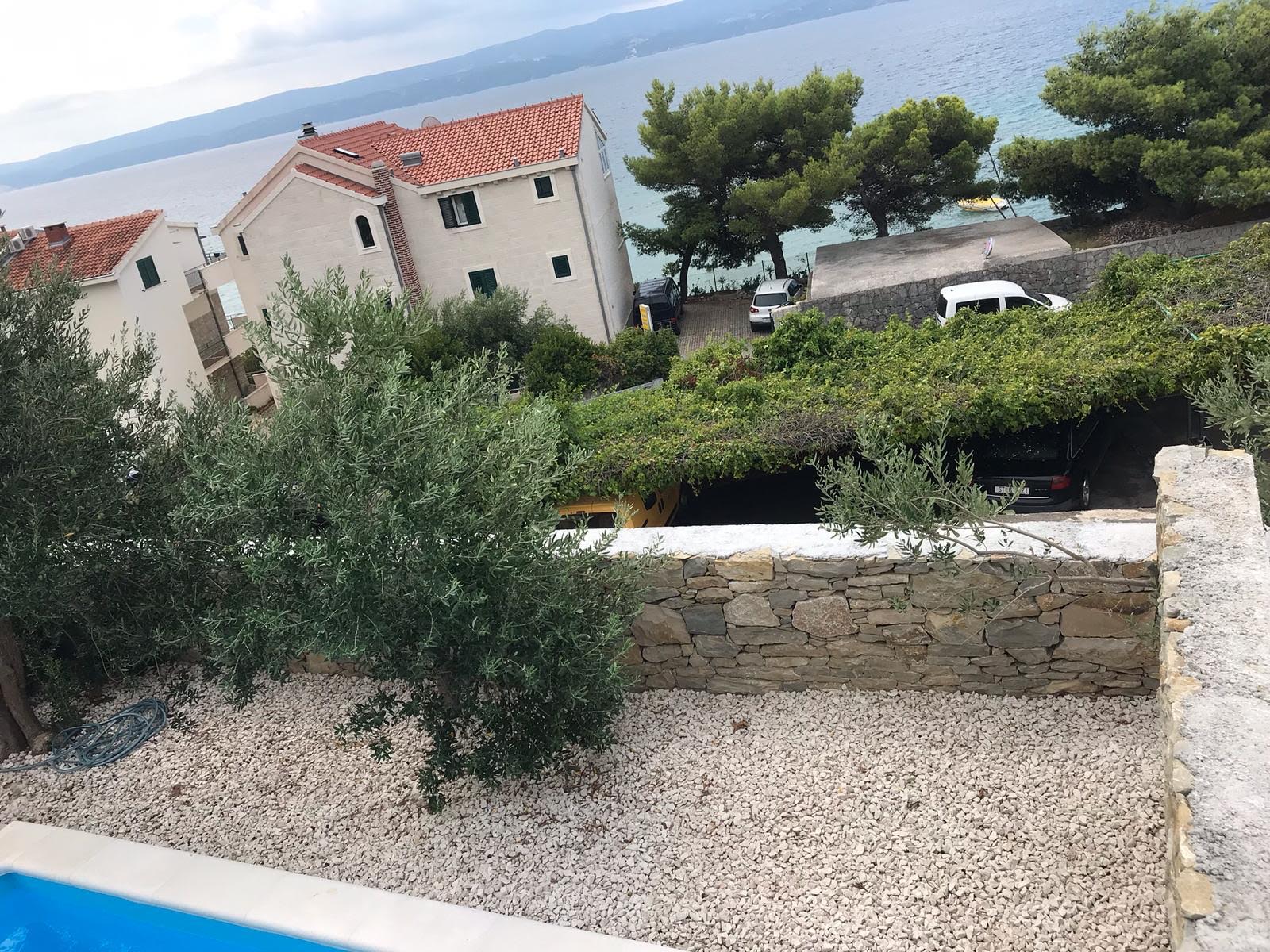View from the terrace over the pool and garden wall